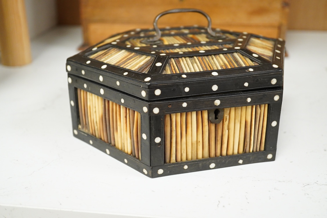 A late 19th century Ceylonese hexagonal quill box with bone inlay, 21cm wide